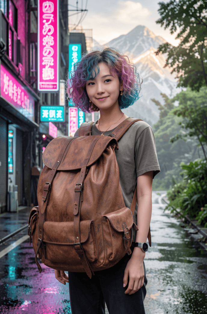 a women with colorfull hair and a larg backpack.