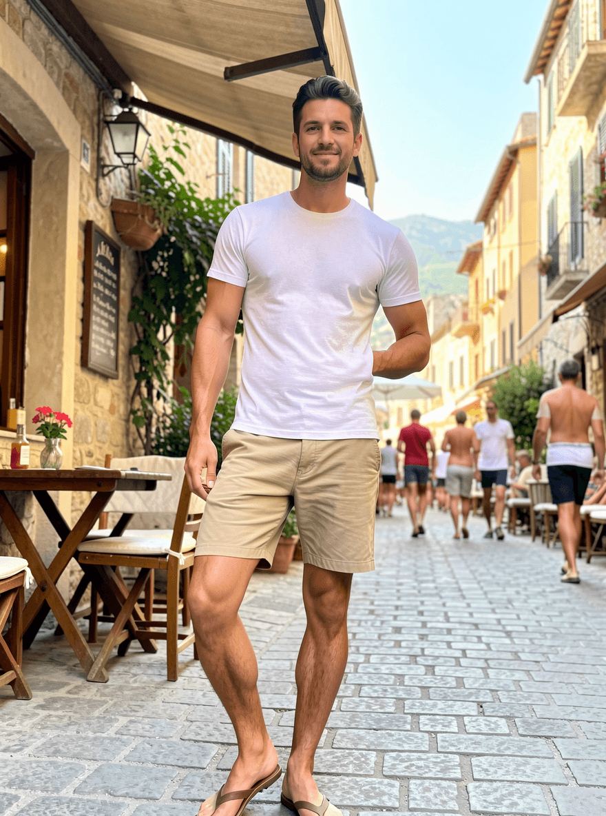 Street photo of a man in a plain white t-shirt