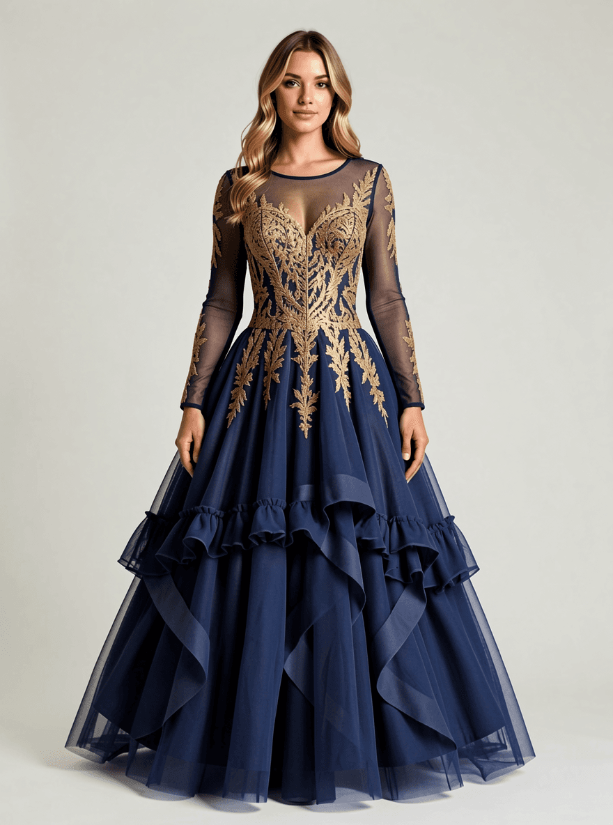 The model wearing the navy-and-gold evening gown